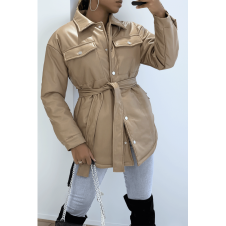 Manteau taupe mi long asymétrique simili cuir avec ceinture à la taille - 4