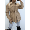 Manteau taupe mi long asymétrique simili cuir avec ceinture à la taille - 4