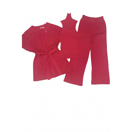 Ensemble 3 pièces gilet débardeur et pantalon palazzo fuchsia  - 1