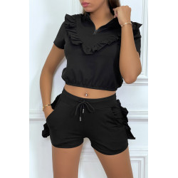 Ensemble noir avec détails volants short à lacet et haut avec zip - 2