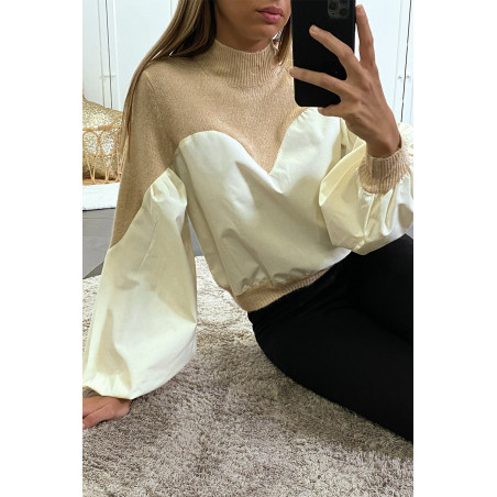 Pull beige bi-matière avec manches bouffante - 3