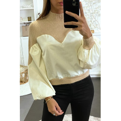 Pull beige bi-matière avec manches bouffante - 5