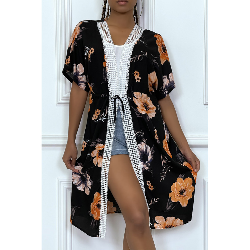 Kimono noir manches courtes motif fleuri - 4