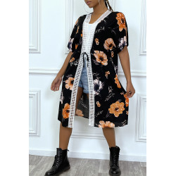 Kimono noir manches courtes motif fleuri - 6