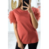 T-shirt rouge avec manches froufrou en tulle - 4