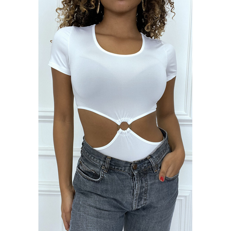 Body blanc tee shirt facon trikini avec anneaux - 5