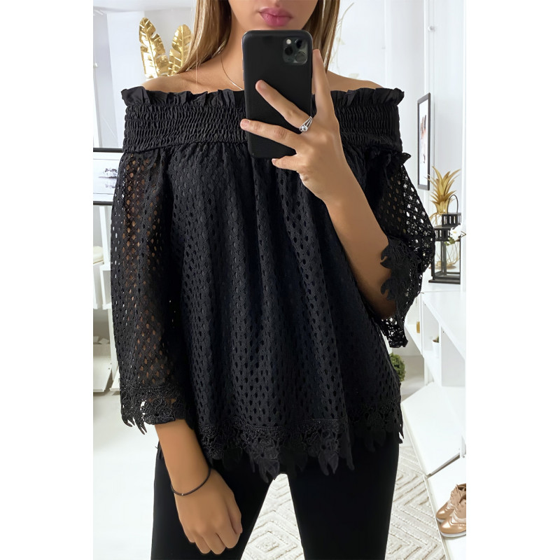 Blouse noir en dentelle avec col bateau - 1