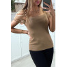 Top moulant taupe a manches bouffantes en tulle - 3