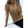 Top moulant taupe a manches bouffantes en tulle - 5