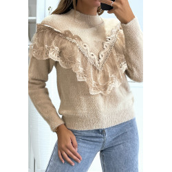 Pull  couleur taupe tout doux à col montant et volant brodé style rétro - 1