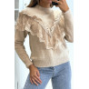 Pull  couleur taupe tout doux à col montant et volant brodé style rétro - 1