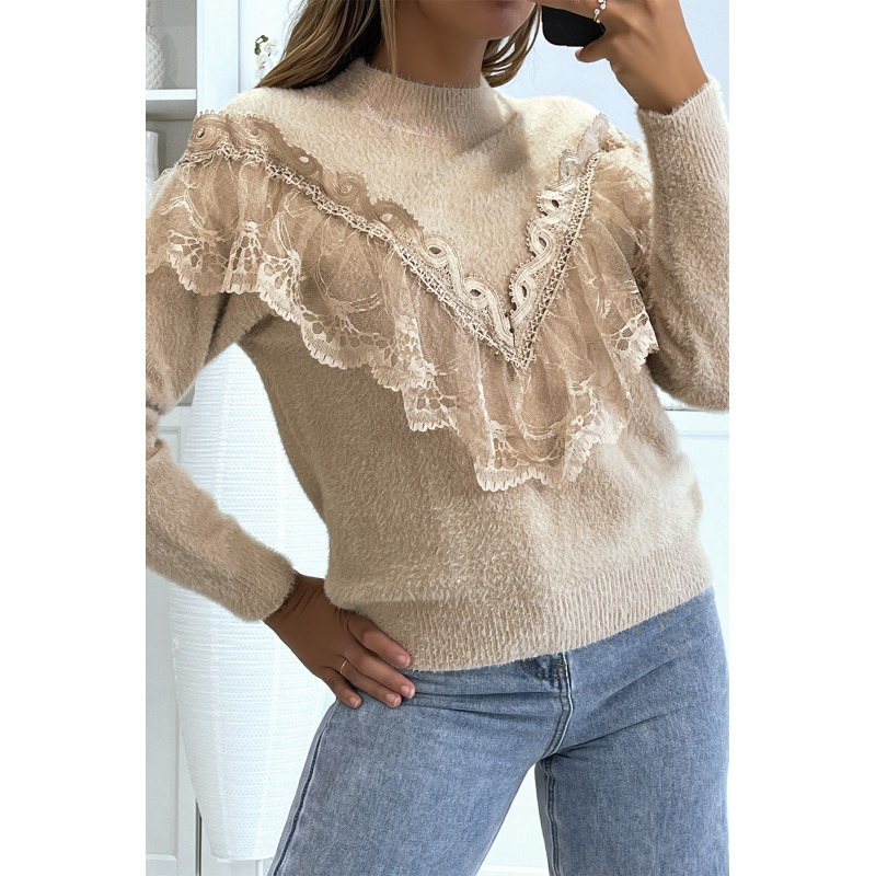 Pull  couleur taupe tout doux à col montant et volant brodé style rétro - 2