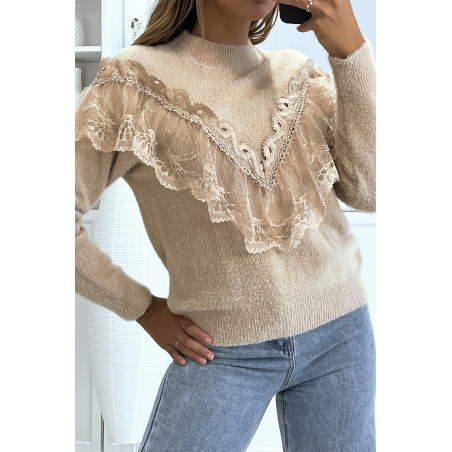 Pull  couleur taupe tout doux à col montant et volant brodé style rétro - 2