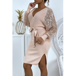 Robe cache-coeur rose gold à manches transparentes à sequins - 3