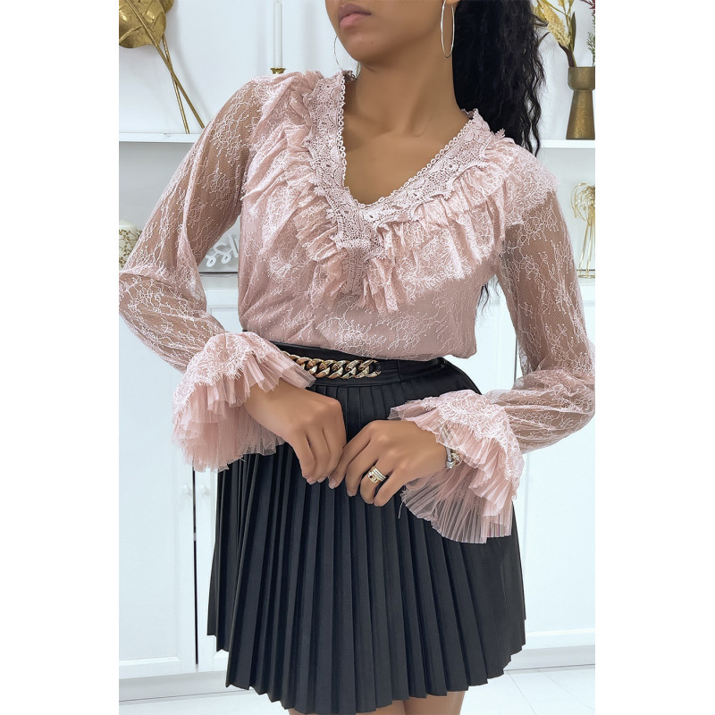 Blouse volantée en dentelle rose - 1