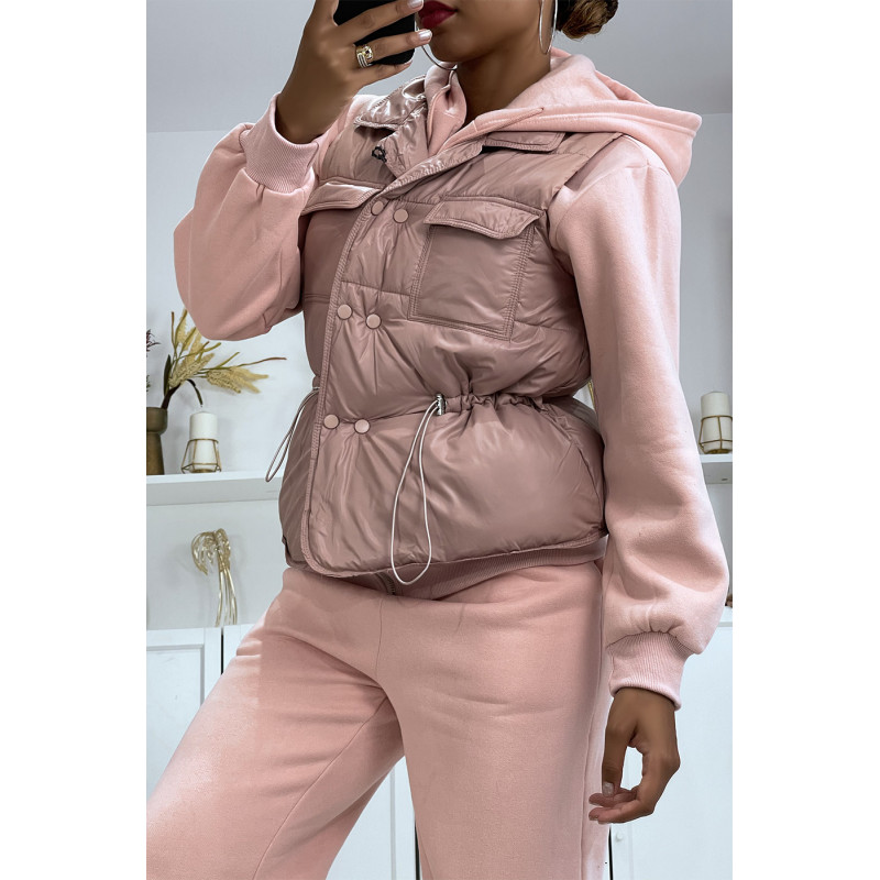 Ensemble 3 pièces doudoune sans manche rose avec sweat et jogging - 4