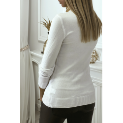 Pull blanc col rond en maille tricot très extensible et très doux - 4