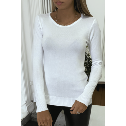 Pull blanc col rond en maille tricot très extensible et très doux - 5