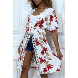 Kimono mi-long blanc ceinturé avec imprimés floraux et dentelle - 7