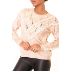 Pull beige à col rond et motif losanges en dentelle - 1