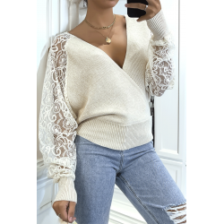 Pull cache coeur taupe avec manches en dentelle - 3