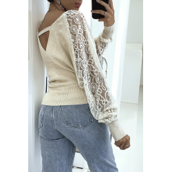 Pull cache coeur taupe avec manches en dentelle - 4