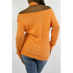 Pull orange vitaminé tout doux à épaules dénudée et détails ajourés pointelle. - 1