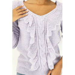 Pull court lilas avec col V en tresse et dentelles qui se déploient tout au centre du haut. - 6