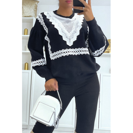 Pull noir over size manche bouffante avec motif en dentelle - 2