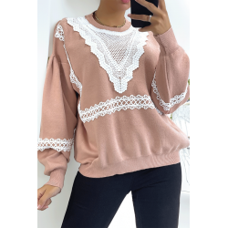 Pull rose over size manche bouffante avec motif en dentelle - 1