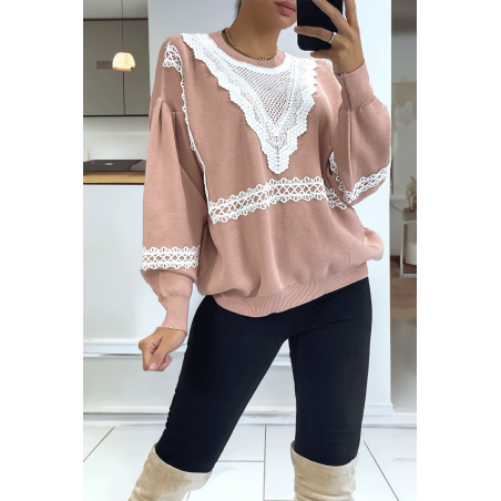 Pull rose over size manche bouffante avec motif en dentelle - 5