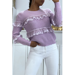 Pull lilas col rond avec de jolis volants en dentelle - 1