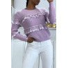 Pull lilas col rond avec de jolis volants en dentelle - 1