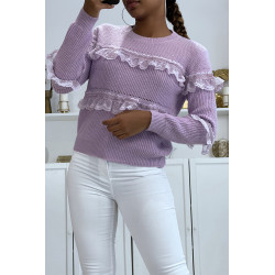 Pull lilas col rond avec de jolis volants en dentelle - 4