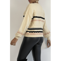 Pull beige à manches bouffantes et motifs rétro - 1