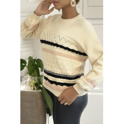 Pull beige à manches bouffantes et motifs rétro - 2