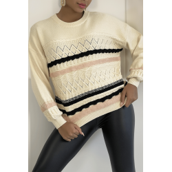 Pull beige à manches bouffantes et motifs rétro - 3