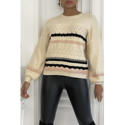 Pull beige à manches bouffantes et motifs rétro - 5