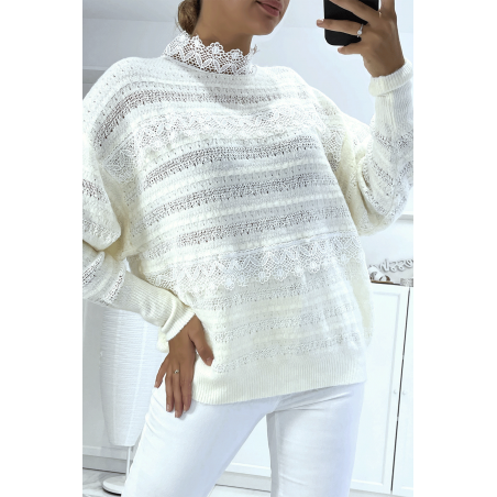 Pull ajouré blanc avec dentelles femme - 1