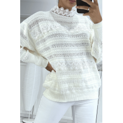 Pull ajouré blanc avec dentelles femme - 2