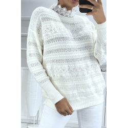 Pull ajouré blanc avec dentelles femme - 3