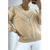 Pull beige pour femme en col V avec motif en dentelle - 2