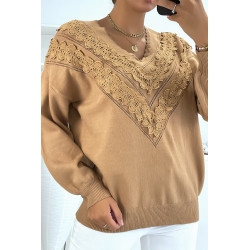 Pull camel pour femme en col V avec motif en dentelle - 2