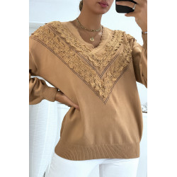 Pull camel pour femme en col V avec motif en dentelle - 3