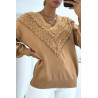 Pull camel pour femme en col V avec motif en dentelle - 3