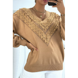 Pull camel pour femme en col V avec motif en dentelle - 4