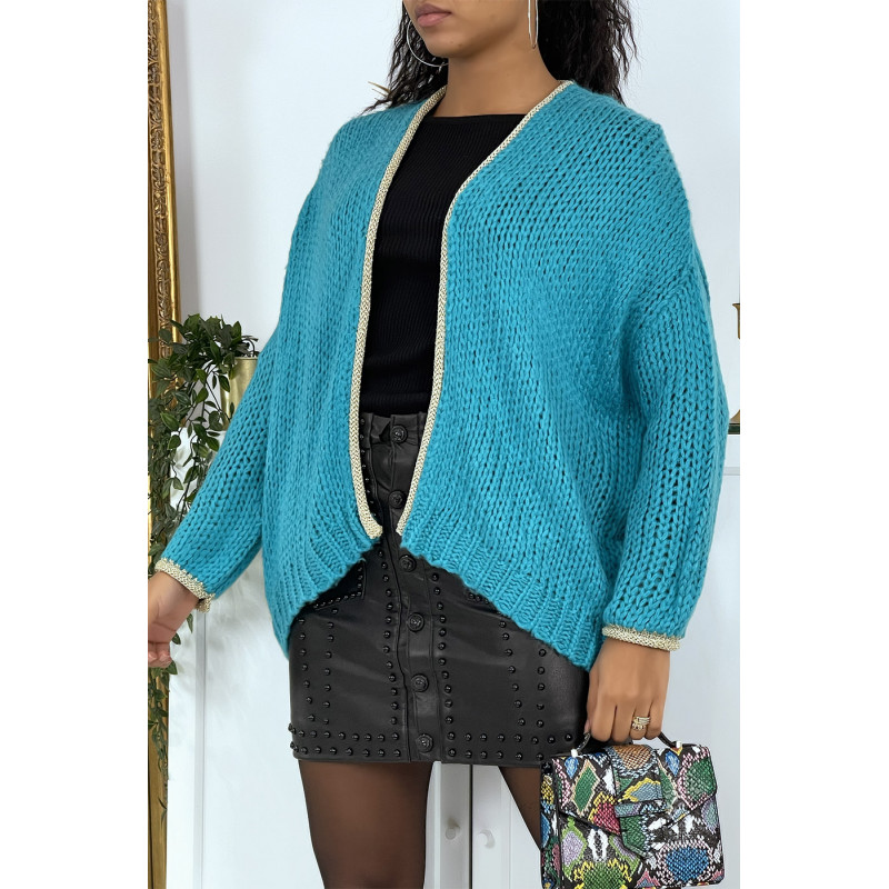 Cardigan turquoise en grosse maille - 1