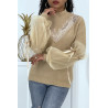 Pull col montant taupe à manches bouffantes en tulle - 4