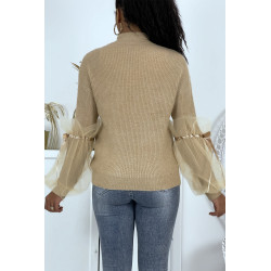 Pull col montant taupe à manches bouffantes en tulle - 5