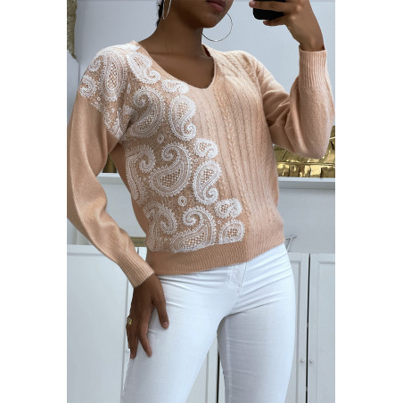 Pull col V rose pastel à motif dentelle blanche - 2